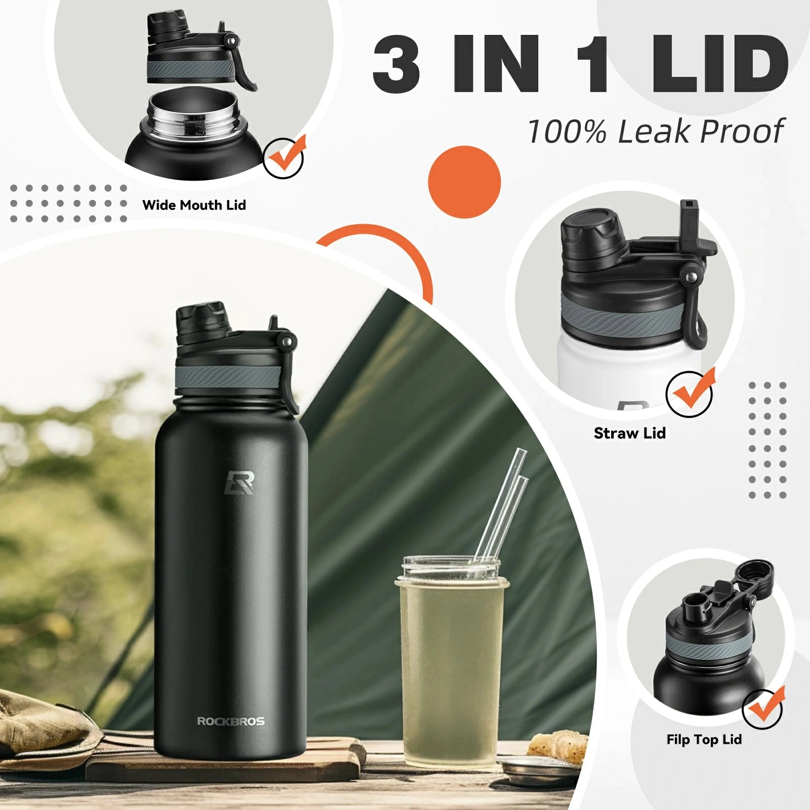 ROCKBROS Stainless Steel Insulated Water Bottle with Straw